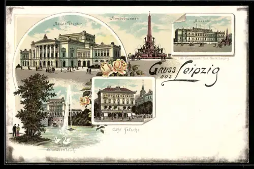 Lithographie Leipzig, Café Felsche, Mendebrunnen und Neues Theater