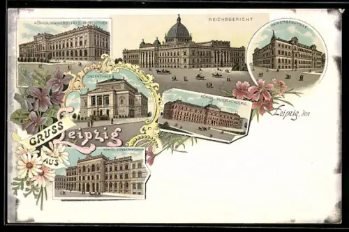 Lithographie Leipzig, Gewerbeschule, Reichsgericht, Konzerthaus und Universitäts-Bibliothek