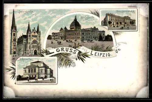 Lithographie Leipzig, Reichsgericht, Peterskirche, Konzerthaus