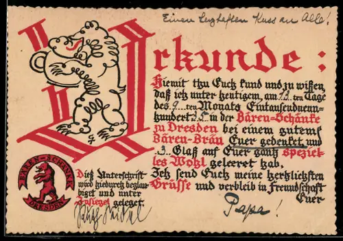 Lithographie Dresden-A., Urkunde der Bären-Schänke, Webergasse