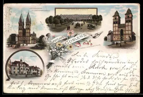 Vorläufer-Lithographie Coblenz, 1895, Kaufhaus, Castorkirche mit Castorbrunnen, St. Florins-Kirche