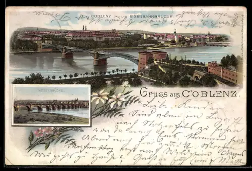 Lithographie Koblenz, Blick auf die Eisenbahnbrücke und di9e Stadt