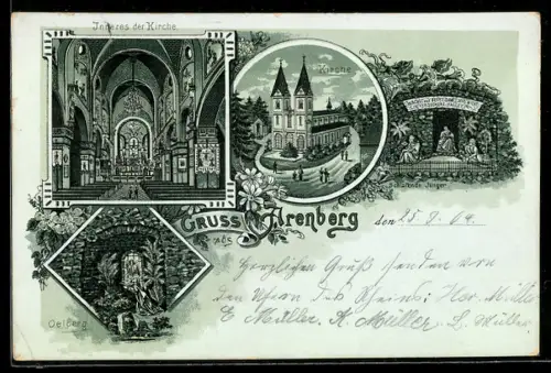 Lithographie Arenberg, Kirche, Innenansicht, Oelberg