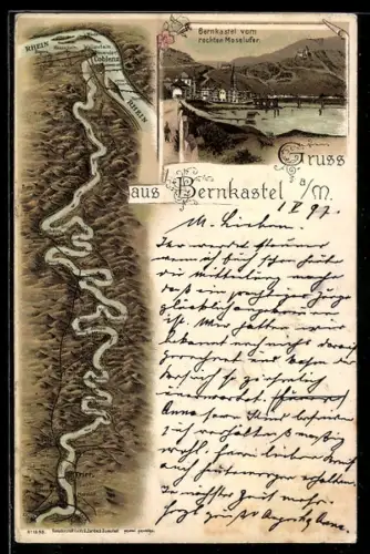 Lithographie Bernkastel a. M., Ortspartie vom rechten Moselufer, Rhein mit Trier, Cochem und Burgen