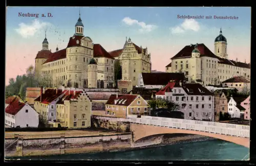 AK Neuburg a. D., Schlossansicht, Donaubrücke