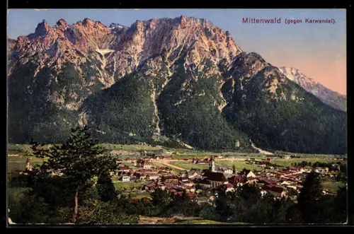 AK Mittenwald, Totalansicht gegen Karwendelgebirge