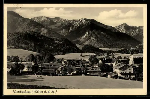 AK Fischbachau, Ortsansicht mit Kirche und Alpenpanorama