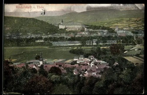 AK Rudolstadt i. Thür., Gesamtansicht mit Schloss aus der Vogelschau