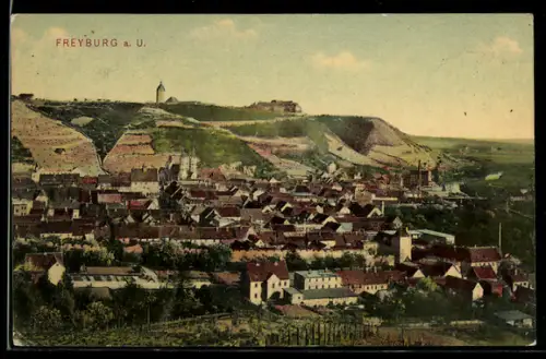 AK Freyburg a. U., Stadtansicht mit Weinbergen und Kirche