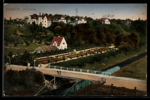 AK Chemnitz, Stadtpark mit Brücke aus der Vogelschau