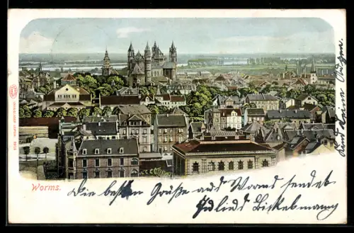 AK Worms, Ortsansicht mit Dom und Rhein