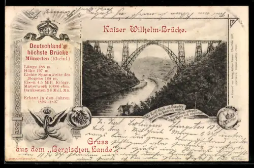 Lithographie Müngsten /Rheinl., Kaiser Wilhelm-Brücke, Deutschlands höchste Brücke, Krone, geflügeltes Rad