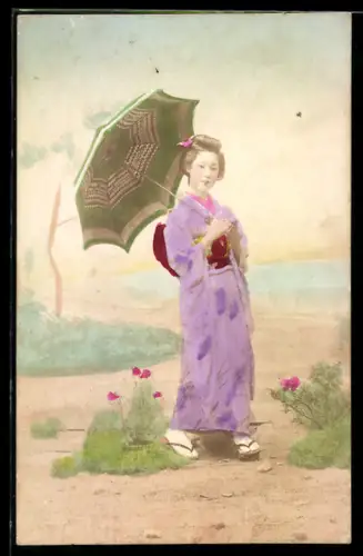 AK Japanerin im Kimono mit Schirm