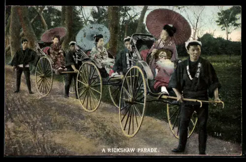 AK Japanerinnen im Kimono mit Schirmen in Rikschas