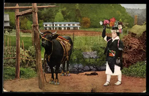 AK Japanerin im Kimono mit einem Kalb