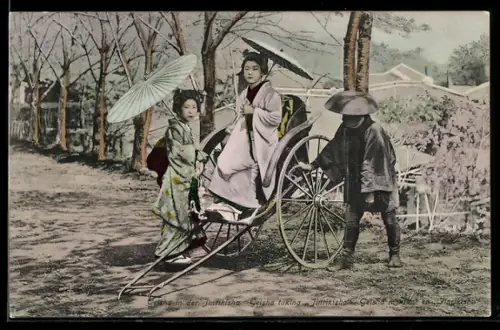 AK Zwei Japanerinnen im Kimono an einer Rikscha