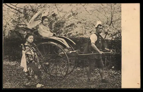 AK Japanerinnen im Kimono an einer Rikscha