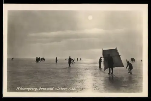 AK Helsingborg, Öresund, Vintern 1922, Schlittschuhläufer, Segel