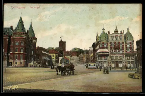 AK Helsingborg, Storiorget, Pferdekutsche und Strassenbahn