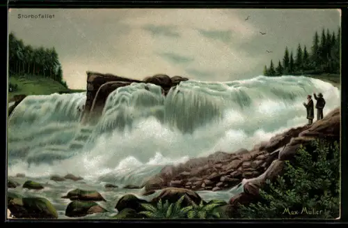 Lithographie Storbofallet, Ortsansicht mit Besuchern