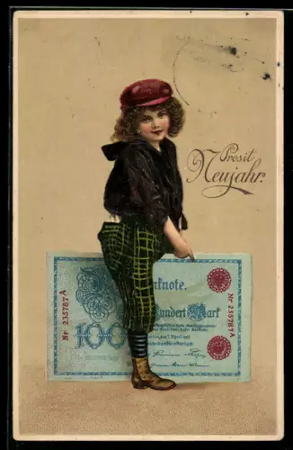 AK Kleines Mädchen mit einer Ein Hundert Mark Reichsbanknote, Geld