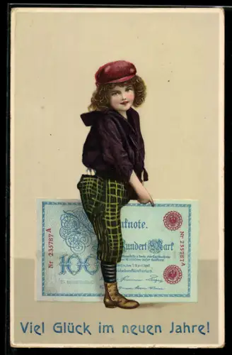 AK Kind mit einem Geldschein über hundert Mark, Neujahrsgruss