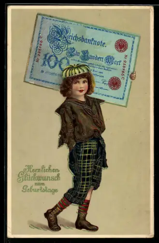 Präge-AK Kind mit einem Geldschein über hundert Mark, Geburtstagsgruss