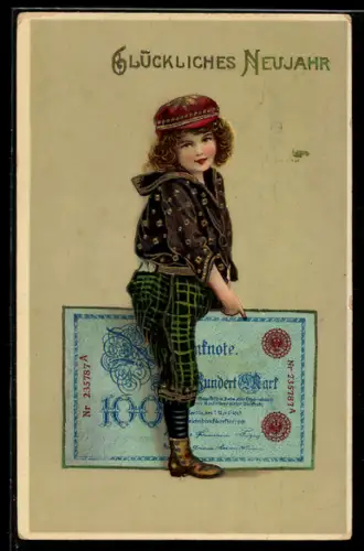 Präge-AK Junge mit einem Geldschein über hundert Mark, Neujahrsgruss