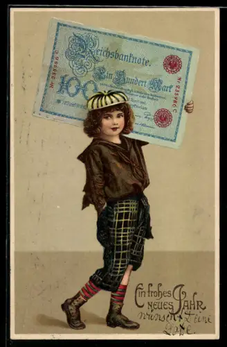 AK Junge mit einem Geldschein über einhundert Mark, Neujahrsgruss