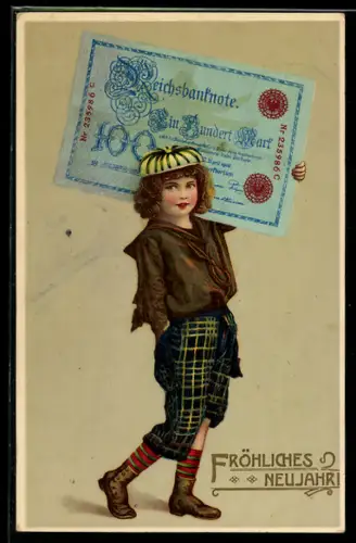 AK Junge mit einem Geldschein über hundert Mark, Neujahrsgruss