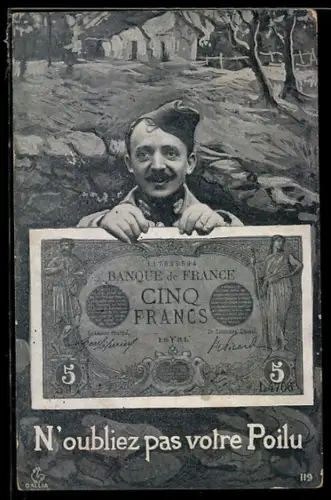 AK N`oubliez pas votre Poilu, Soldat mit Banknote