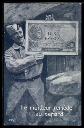 AK Französischer Soldat hält einen Geldschein, Le meilleur remède au cafard
