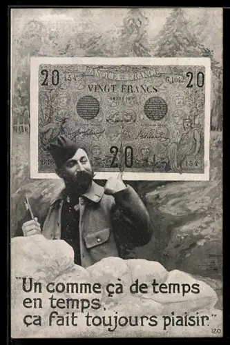 AK französischer Soldat weist auf einen 20 Francs Geldschein