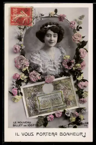 AK Frau im Rosenkranz mit Geldschein