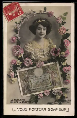 AK Frau im Rosenkranz mit Geldschein