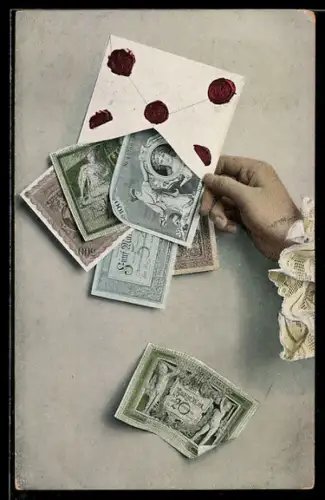AK Hand mit Geldscheinen im Briefumschlag