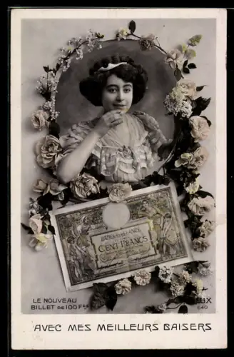 AK Fräulein im Rosenkranz mit Geldschein, Passepartout
