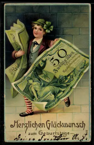 AK Junge mit Geldscheinen, Geburtstagsgruss