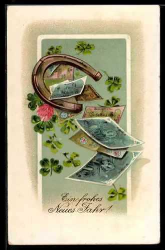 AK Hufeisen mit Kleeblättern und Geldscheinen, Neujahrsgruss