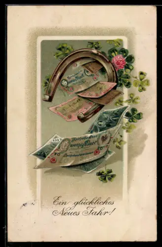 Präge-AK Hufeisen mit Kleeblättern und Geldscheinen, Neujahrsgruss