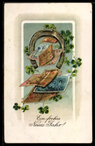 Präge-AK Hufeisen mit Kleeblättern und Geldscheinen, Neujahrsgruss