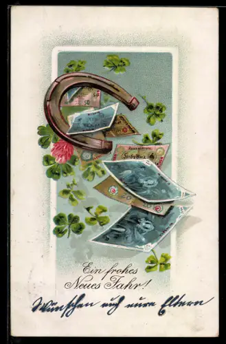 Präge-AK Geldscheine mit Hufeisen und Kleeblättern, Neujahrsgruss