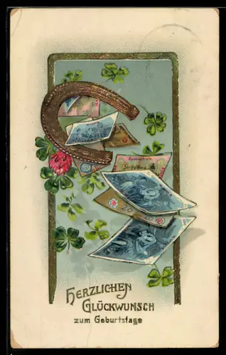 Präge-AK Hufeisen mit Kleeblättern und Geldscheinen, Geburtstagsgruss