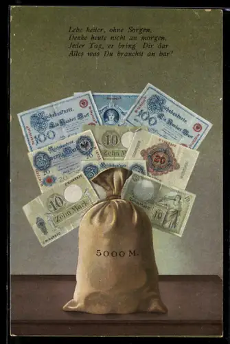 AK Geldsack mit Reichsbanknoten