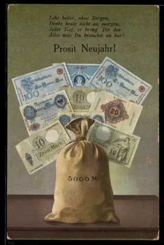AK Geldsack mit Geldscheinen, Neujahrsgruss