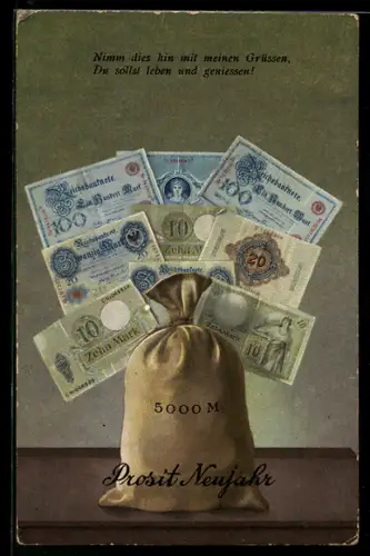 AK Geldsack mit Geldscheinen, Neujahrsgruss