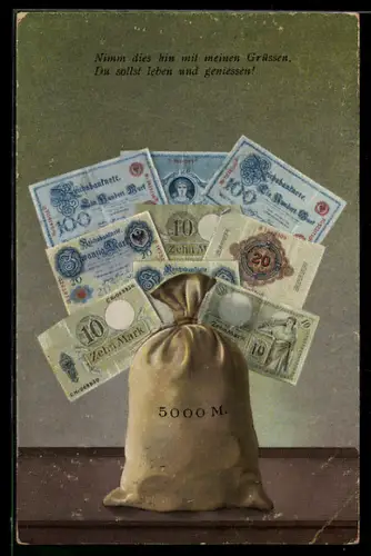 AK Geldsack mit Reichsbanknoten