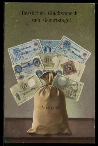 AK Geldsack mit Geldscheinen, Geburtstagsgruss