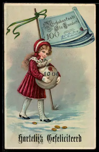 AK Mädchen mit Geldsack und Fahne aus Geldscheinen, Glückwunsch