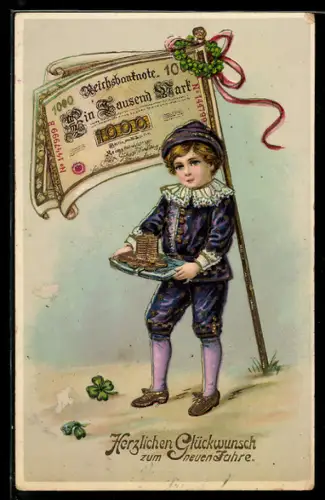 Präge-AK Junge mit Fahne aus Geldscheinen, Neujahrsgruss